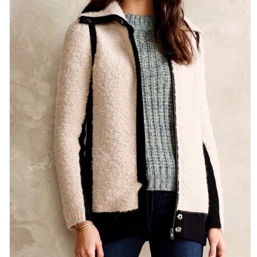 Sparrow Anthropologie XS Petite Boucle Color Block Sweater Jacket‎ Tan Black Zip